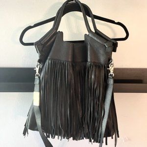 Foley + Corinna Black Leather Fringe Convertible Shoulder/Crossbody Bag